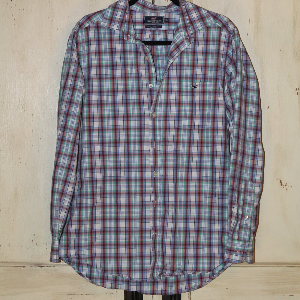 Vineyard Vines Slim Fit Tucker multicolor plaid long sleeve button up shirt sz M